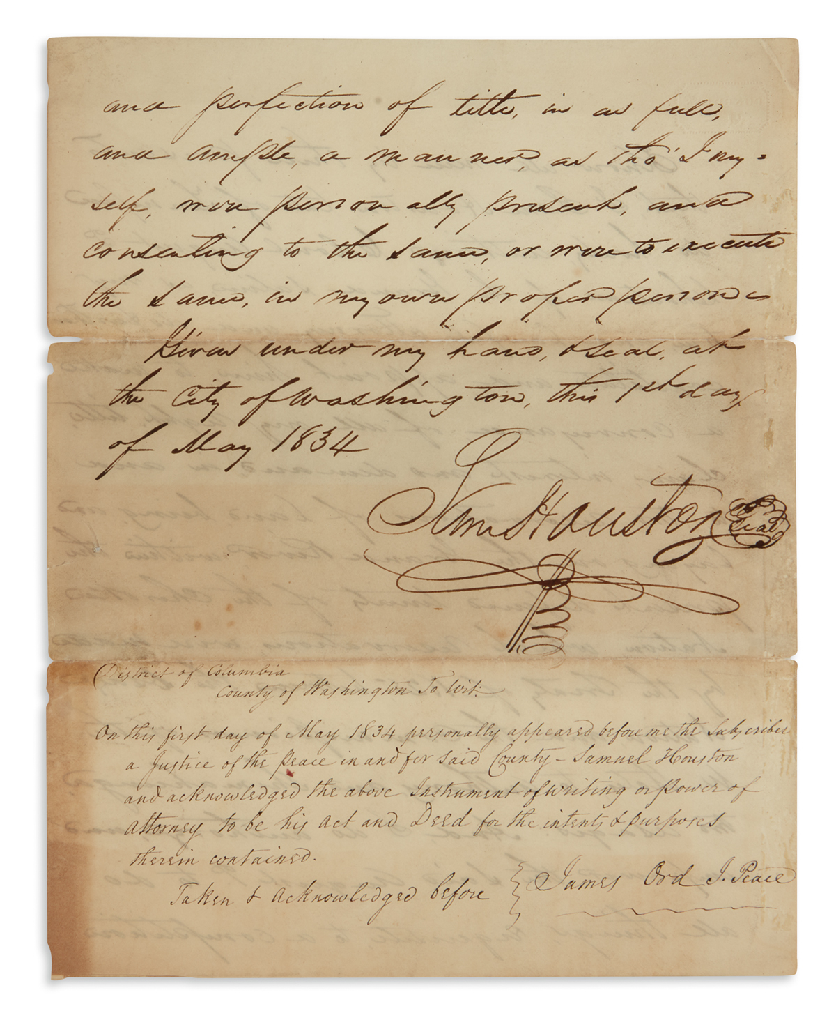 SAMUEL HOUSTON. Autograph Document Signed, Sam Houston, thrice (one in third person within the text, another on addres...